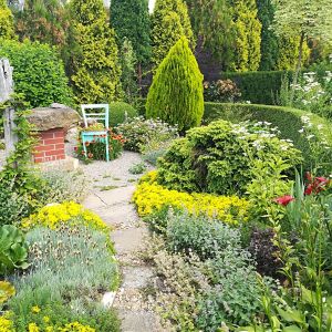 Stół kamienny i ogród wokół.