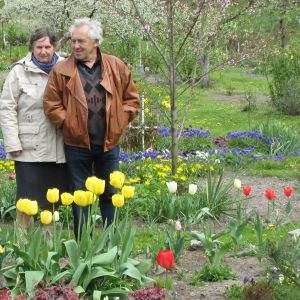 Siostra Danka i szwagier Władek wśród wiosennych kwiatów
