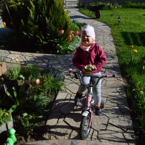 Klaudia ma wygodny podjazd aby po podwórku jeździć na rowerku