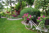 Orginalny rowerowy kwietnik gości w ogrodzie.