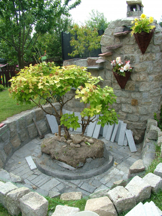 Oczko wodne w trakcie budowy z kaskadą i wysepką na której rośnie pęcherznica