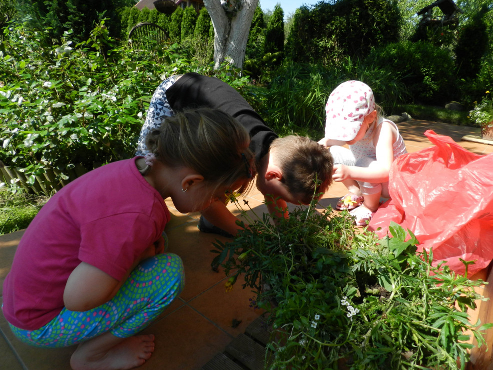Dzieciaki znalazły coś ciekawego i godnego uwagi,pewnie mrówka albo ślimak :)