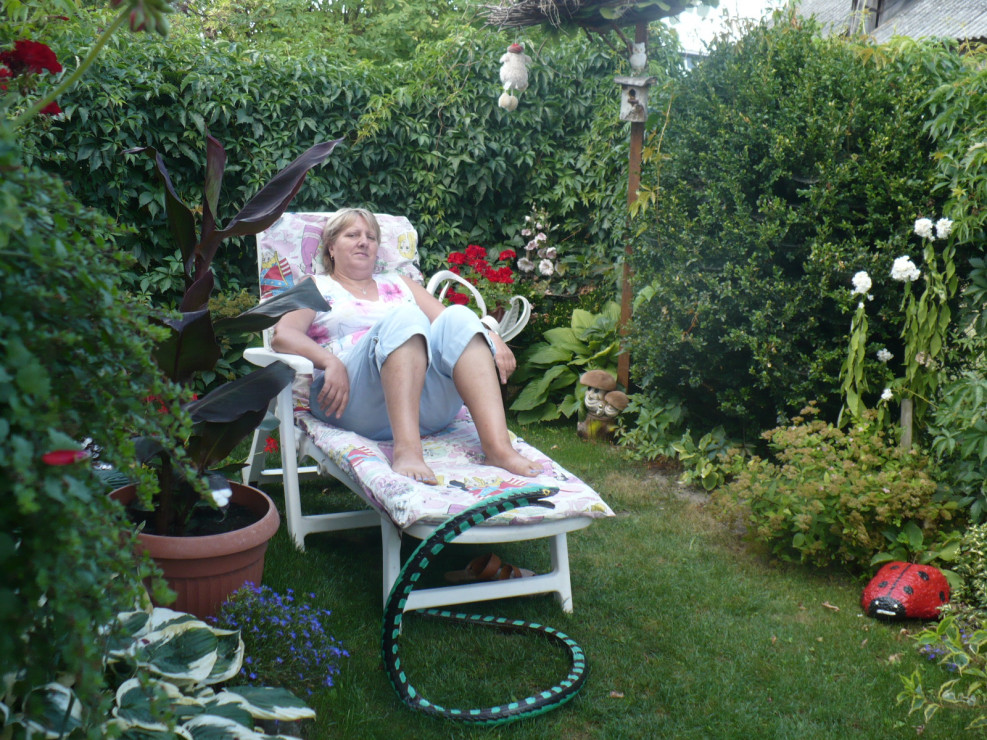 wszyscy lubią odpoczywać na leżaku w ogródku
