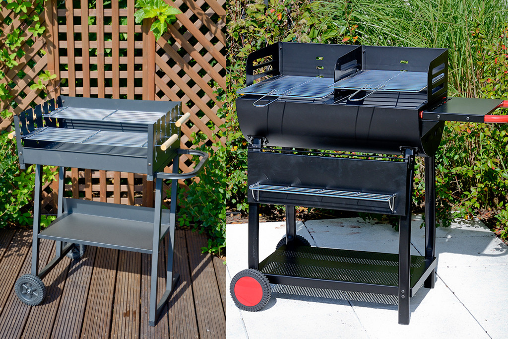 Grill prostokątny dla profesjonalistów z kolekcji Master grill&party (po lewej) daje możliwość jednoczesnego grillowania na dwóch różnych wysokościach rusztu.  Na zdjęciu po prawej grill podłużny z dzieloną misą (dla profesjonalistów).