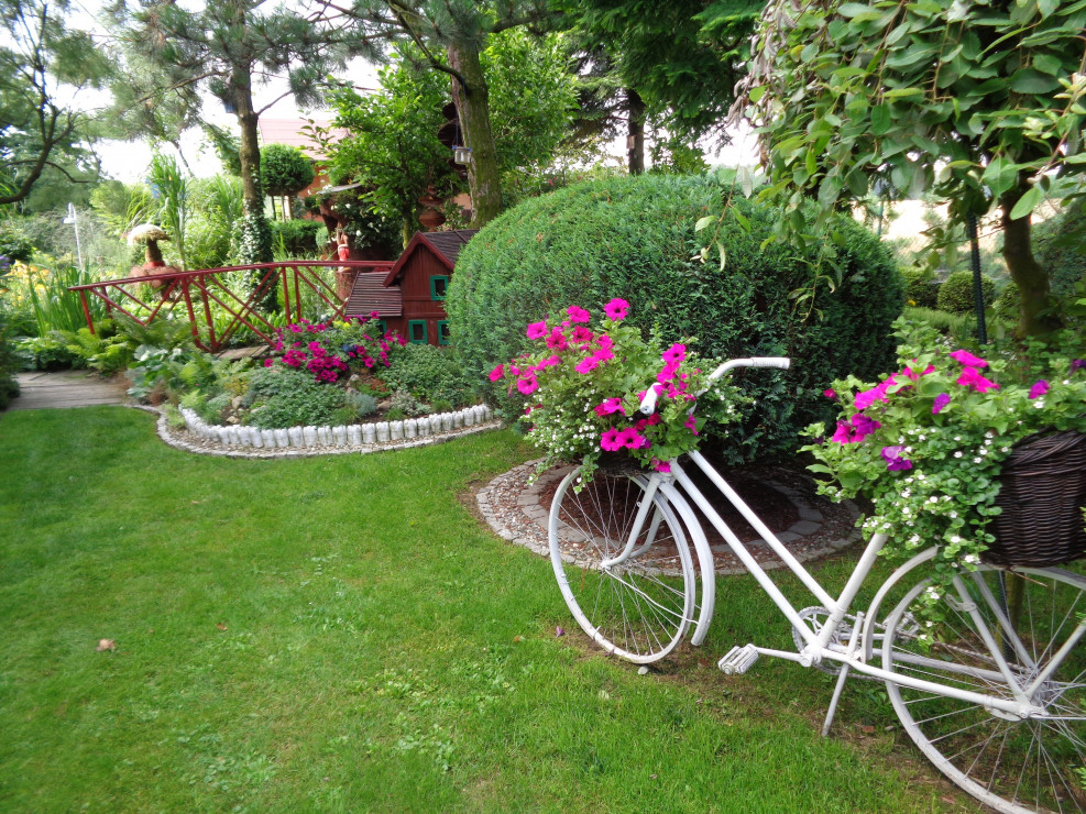Orginalny rowerowy kwietnik gości w ogrodzie.