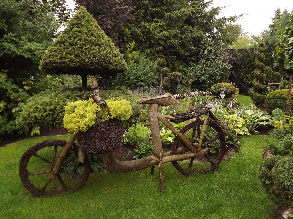 Drewniany rower, który jest głównym elementem przykuwającym uwagę każdego gościa w moim
ogrodzie.
