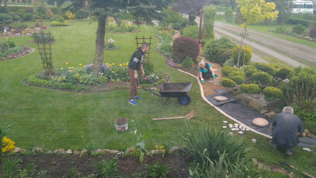 Część rodziny pracuje przy budowie nowego zakątka w ogrodzie.